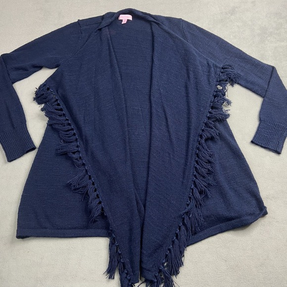 Lilly Pulitzer Sweater Cardigan Womens Large Navy Tatum Open Fringe Boho Light - Picture 1 of 10